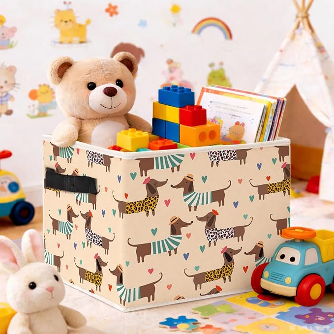 Cute Dachshund Heart Foldable Fabric Storage Bin for Kids Room | Cute dachshund and heart pattern; foldable basket for toys, books, clothes in kids room, nursery, bedroom, or playroom.