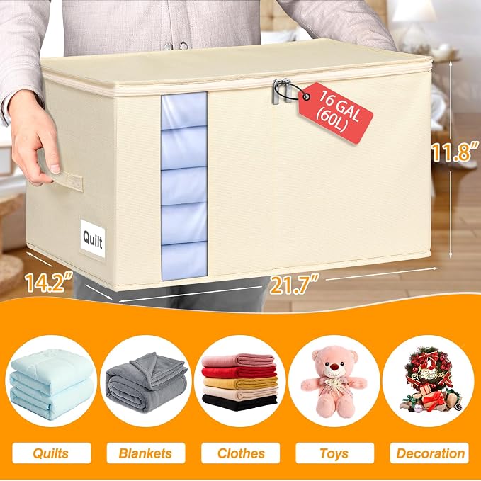 60L Rigid-Sided Blanket Storage Bags, 2 Pack, Beige | Rigid Sides and Bottom, Stackable Design, for Comforters, Quilts, Bedding, Pillows and Clothes, Closet and Dorm Organization