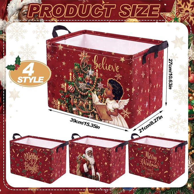 4 Pcs Christmas Storage Basket for Gifts Empty Large Black Santa Storage Bins 15 x 10 x 8 Fabric Laundry Baskets with Handle African American Collapsible Organizer Boxes for Cloth Toys Books
