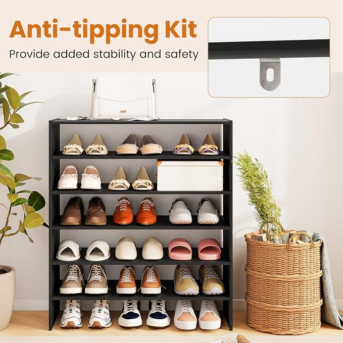 COSTWAY 6-Tier Shoe Rack, Extra Wide Shoe Shelf Organizer | Stackable Design, 31" Freestanding Adjustable Storage Shoe Stand for Small Space Entryway Hallway Closet (2,Black)