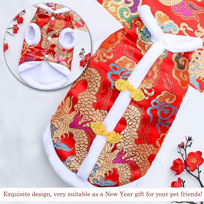 BAMY New Year Dog Dragon Robe Costume Warm Cat Cheongsam Winter Pet Clothes Vest of The Tang Dynasty Christmas Coat for Cats Teddy Bichon Small Medium Dogs (XXXL (Chest Circumference 27.5in))