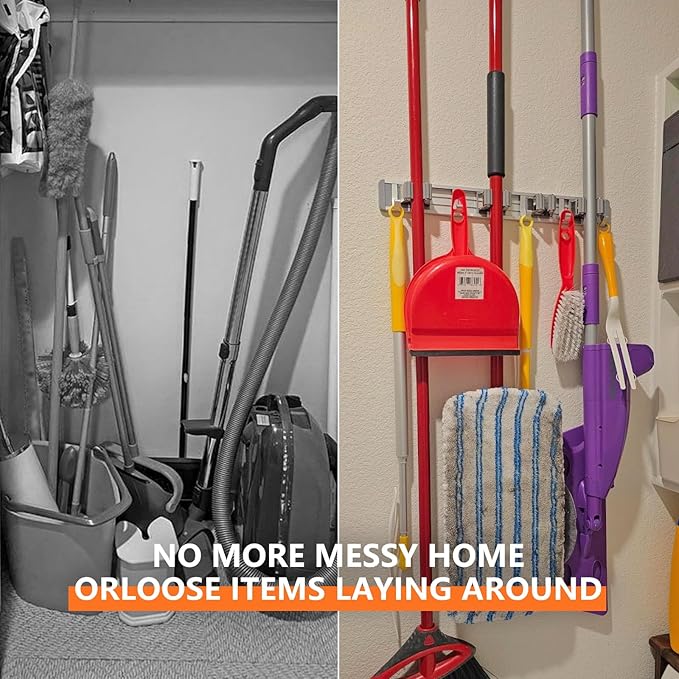 reliahom Broom Holder Wall Mount Mop Hanger Tools organizer 4Racks 5Hooks | Adjustable Mop Broom Wall Hanging Heavy duty Tools Storage Rack Space-saving for Garage,Kitchen,Laundry Room,Garden, Silver