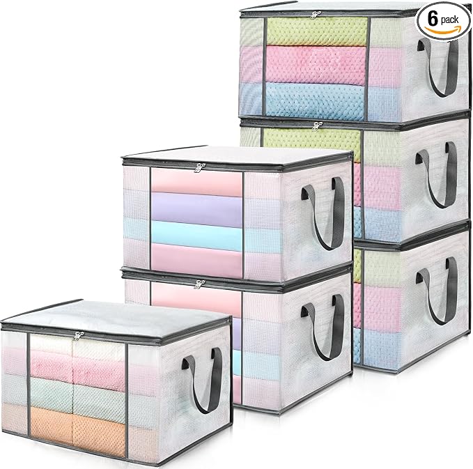 LANDNEOO 6-Pack Clothes Storage Bags, Plastic Foldable Blanket Storage bins, Closet Organizer Container for Bedroom, Bedding, Comforters, Pillows, and Clothing - 60L with Handles
