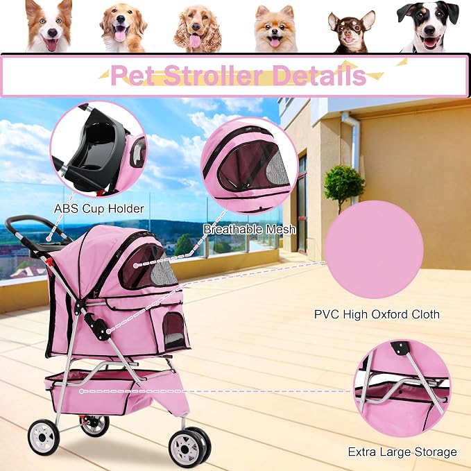 BLKMTY Folding Dog Stroller, 3 Wheels Pet Stroller, Foldable Cat Strollers Waterproof Travel Carrier Strolling Cart for Puppy Jogger with Cup Holder & Storage Basket, Pink