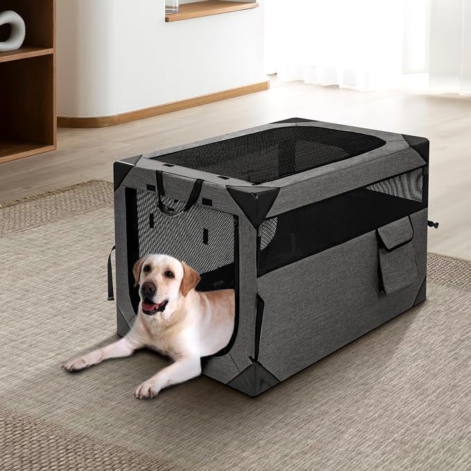 Zikopomi 30 Inch Portable Soft Foldable Dog Crate Dark Grey | 3 Zipper Door, Collapsible Soft Pet Kennel, Foldable Dog Cage, for Small and Medium Dogs, Indoor Outdoor Travel