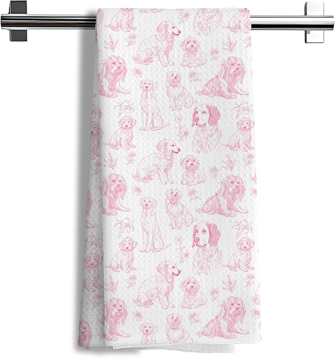 Pink Chinoiserie Dog Floral Decor Kitchen Towels，Pink Animal Print Grandmillennial Decorative Dish Tea Towels,Dog Gifts for Kitchen Bathroom Decor,16x24 Inch