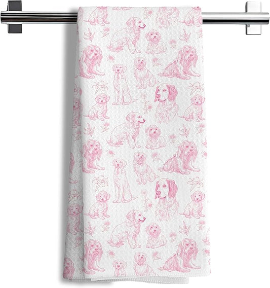 Pink Chinoiserie Dog Floral Decor Kitchen Towels，Pink Animal Print Grandmillennial Decorative Dish Tea Towels,Dog Gifts for Kitchen Bathroom Decor,16x24 Inch