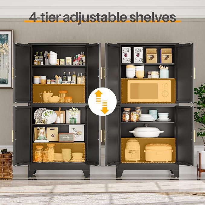 75" Tall Kitchen Pantry Cabinet, Black Metal Pantry Storage | Storage Cabinet with Doors and 3 Adjustable Shelves, Steel Storage, Bathroom cabinets Organizer, Cupboard for Home, Office