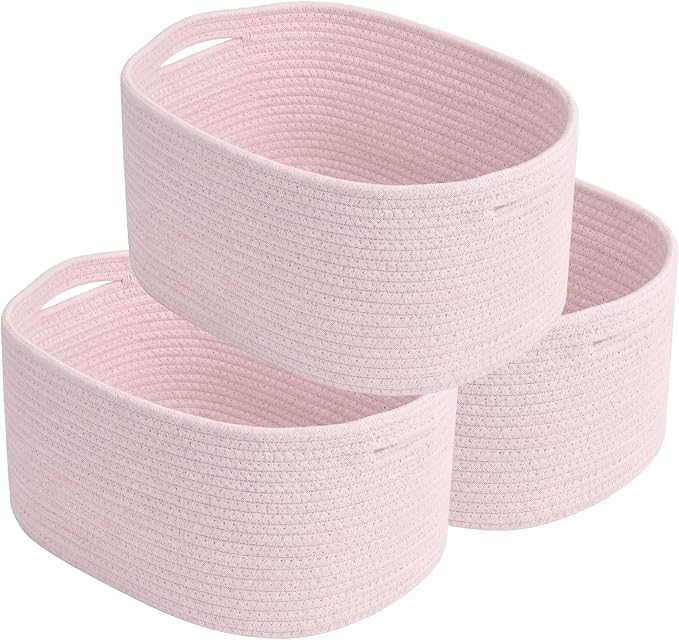 ECDYQXVU 15x10x9 Inch Woven Cotton Rope Storage Basket, 3 Pack | Foldable Design, Built-in Handles, Space-saving Organizer for Living Room, Bedroom, Laundry, Shelves, Clothes, Towels
