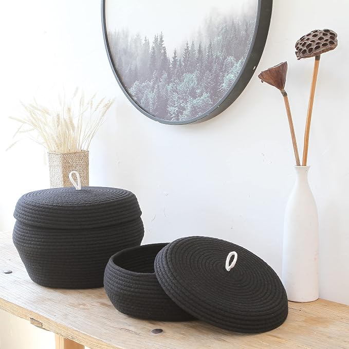 Sea Team Round Woven Cotton Rope Storage Basket with Lid, Black | Lidded Knitted Decorative Storage Bin, Pot, Caddy, Organizer, Container for Snacks, Towels, Plants, 13 x 5.5 Inches