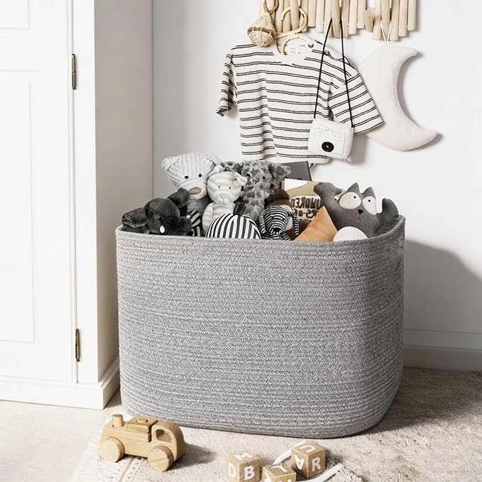 108L Large Storage Basket, 25"x16"x16" Blanket Storage for Living Room, Big Woven Rope Kids Dog Toy Bin Box, Nursery Baby Laundry Basket, Super Large Bin for Blankets, Shoes, Towels, Gray