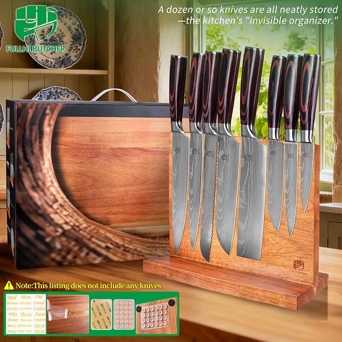 FULLHI Kitchen Magnetic Knife Block Holder Magnetic Strip Natural Wood | with Enhanced Magnets, natural wood, Multifunctional Storage Holder, for Kitchen Utensil, Knife Set, Scissors,Spice Ja