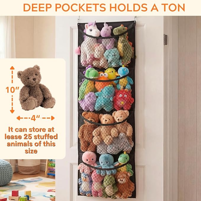 Over The Door Stuffed Animal Storage, Cotton Toy Organizer for Storage Plush Toys, Stuffed Animal Holder with 4 Large Pockets, Hanging Door Organizer for Nursery, Bedroom (Black)