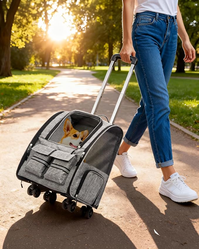 Rolling Pet Carrier with Wheels, Polyester, Soft-Sided Collapsible, Large, Travel, with Telescopic Handle and Folding Bowl (Gray Wheeled Carrier Set)