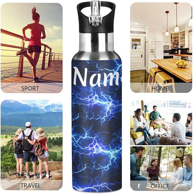 Custom Name Blue Black Lightning Water Bottle with Straw Lid Kids Insulated Stainless Steel Water Flask Sports, 20 Oz Hot Cold