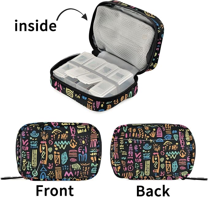 Fustylead Doodle Hand Drawn Tribe Colorful Bright Trendy Ornaments Travel Pill Case Bag with Zipper Weekly Pill Box 8 Compartments 7 Day Personal Pill Case Purse Medicine Case Organizer