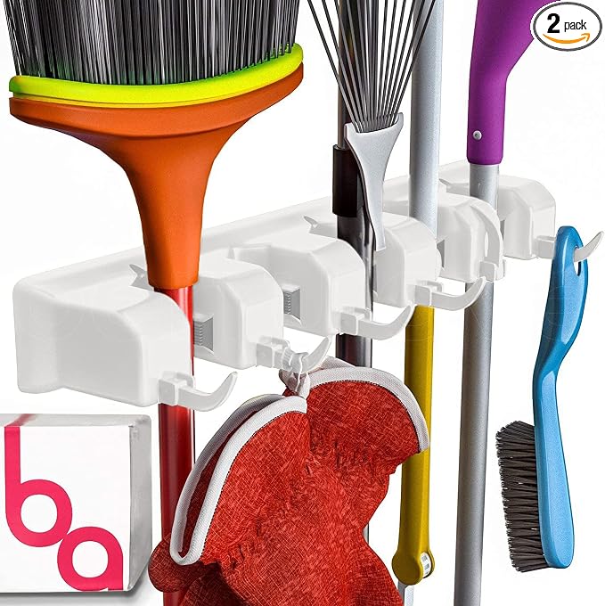 EXTRA GRIP Mop & Broom Holder Wall Mount - Wall Hanging Garden Tool & Utility Closet Organizer, Mop & Broom Hook, Broom Hanger Wall Mount, Mop Broom Organizer, Wall Mounted Broom Rack Storage (2 Pack)