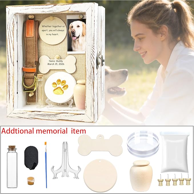 Solid Wood 8x10 Pet Memorial Shadow Box White Urn Ashes Display Case with Paw Print Kit Dog Memorial Keepsake Gift for Loss of Pet