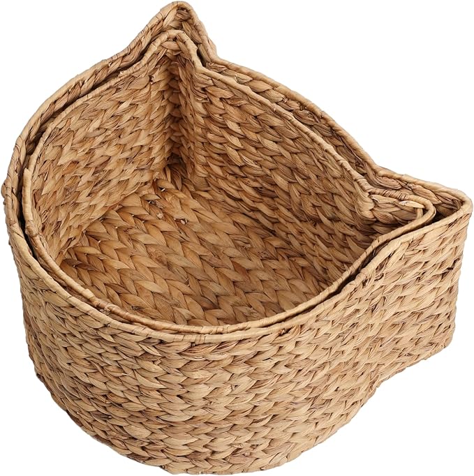 Felix Cat Shaped Hand Woven Water Hyacinth Nesting Pet Toy Organizer Baskets with Metal Frame Decorative Storage Bins for Living Room and Nursery, Brown, (Set of 2) BSK4001B-2SET