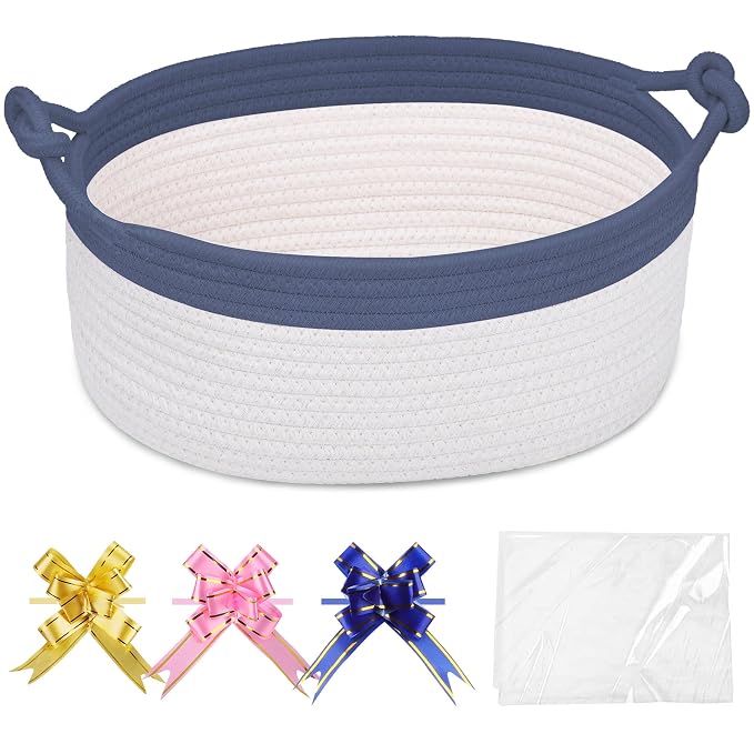 COMSE Small Gift Basket Empty with Bag & Ribbons, Folkstone Gray & White | Cotton Rope, 12"x 8"x 5", Pet Toy Storage Organizer, Woven Basket for Birthdays, Baby Showers, Mother’s Day, Valentine’s Day