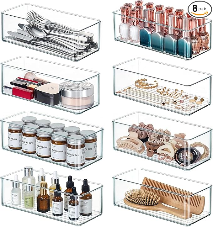 Qilinba 8 PACK Drawer Organizers Deep Drawer Organizer Bins | Clear Silverware Organizer, Stackable Storage Bins for Bathroom, Pantry, Office, Vanity, Desk