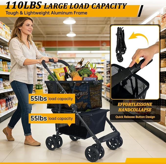2-in-1 Folding Shopping Cart & Pet Stroller 110 LB Grocery Cart | 112L Large Personal Shopping Cart with Removable Basket, Portable Utility Cart for Groceries, Laundry, Camping & Pet Travel