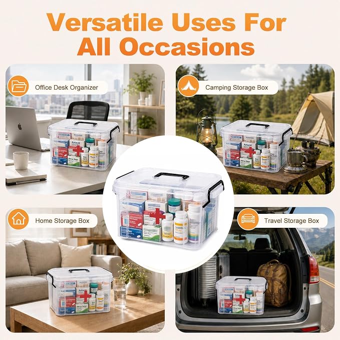 2 Pack Clear Medicine Organizer Box with Handle, Plastic Medicine Container with Tray Empty First Aid Box Empty, Thickened Medicine Storage Organizer Multipurpose Medication Organizer Storage, Clear