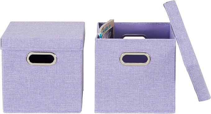 Household Essentials 814-1 Café Cube Bin Storage Set with Lids and Handles | 2 Pack, Purple Linen