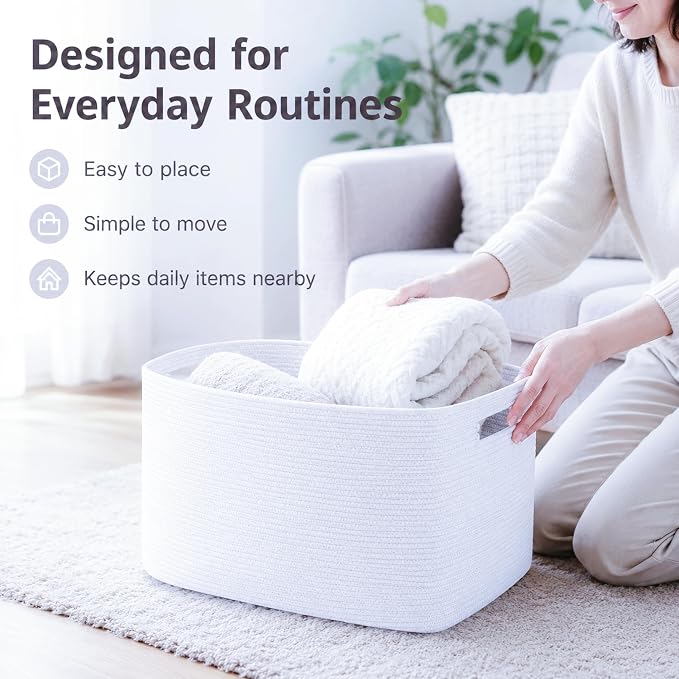 Cotton Rope Laundry Basket Large, 19.2GAL Collapsible Woven Storage Baskets for Living Room Kids Toys Stuffed Animal,Boho Rectangular Decorative Short Hamper for Dirty Clothes, Blankets Pure White