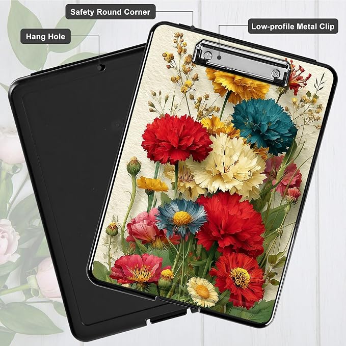 Heavy Duty Storage Clipboard, Slim Nursing Clipboard with Internal Pen Case, Portable File Organizer Case for A4 Letter Size Paper Office Medical Professionals, Pink Yellow Flowers