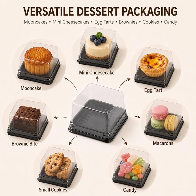 DOITOOL 100 Pcs Mooncake Box 2.75 Inch Clear Individual Cupcake Containers | Square, plastic mooncake packaging, mini cupcake box with lids for flan, macaron, muffin, dessert, cookies, small treats