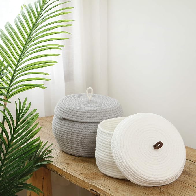 Sea Team Round Woven Cotton Rope Storage Basket with Lid, White, 2-Pack | Lidded Knitted Decorative Storage Bin, Pot, Caddy, Organizer, Container for Snacks, Towels, Plants, 10 x 7.5 Inches