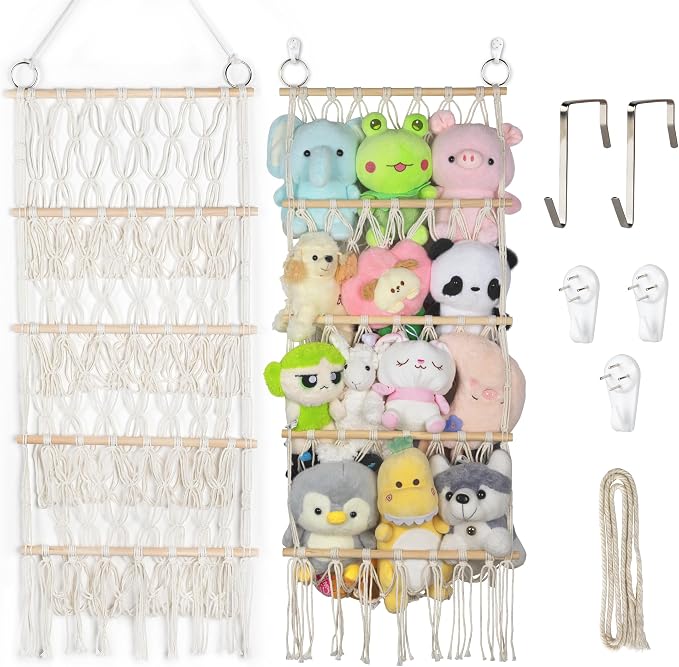 42cm Wide Over The Door Stuffed Animal Storage Hammock Corner Wall Hanging Storage Holder Boho Macrame Plush Toy Organizer Net for Stuffed Animal