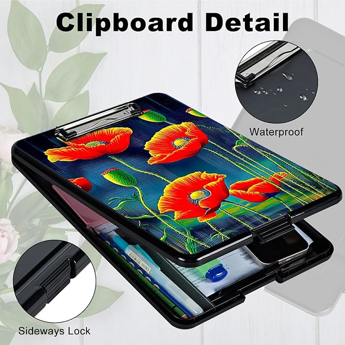 Artistic Red Flower A4 Clipboard with Storage Pen Holder, Clipboards Organizer Nursing Clipboard Foldable File Folder Plastic Clipboard Folio Clip Board for Office Students Classroom Doctor