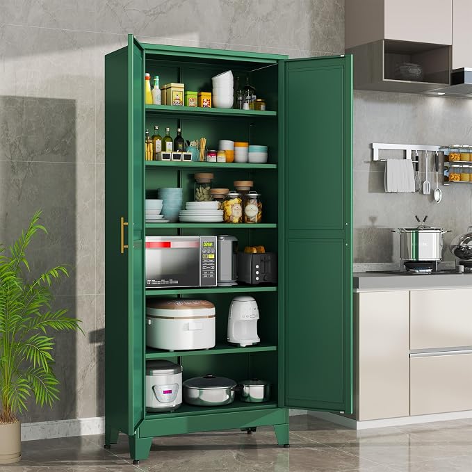 Green Metal Storage Cabinet,75" Steel Cabinets for Home Office | Kitchen Pantry Storage Cabinet with Doors and 5 Adjustable Shelves, Tool Cabinets, for Office, Home, Garage, School
