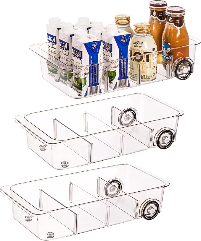 Rolling Clear Storage Box with Wheels (1 Piece) – Transparent Organizer Drawer for Kitchen, Bathroom, Pantry or Under Fridge – Adjustable Divider, Anti-Slip Base, Durable PET Plastic