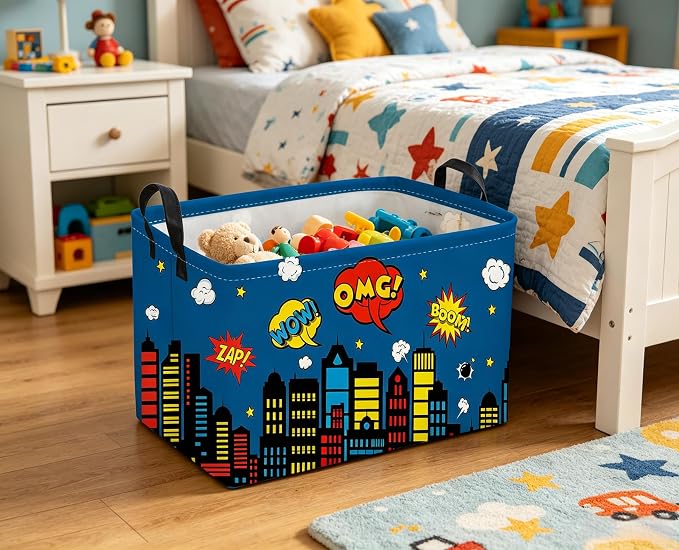 Sanjiaofeng Rectangular Blue City Hero Skyline Basket,Baby Storage Bins with Handles,Comics Hero Kid Basket,Building Silhouettes Storage Bin,Room Decor(Building)