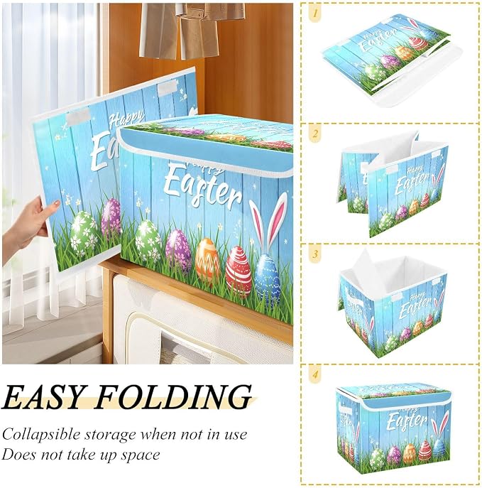 senya Easter Baskets Collapsible Storage Bins with Lids, Happy Easter Bunny Eggs Storage Boxes Clothes Baskets for Organizing