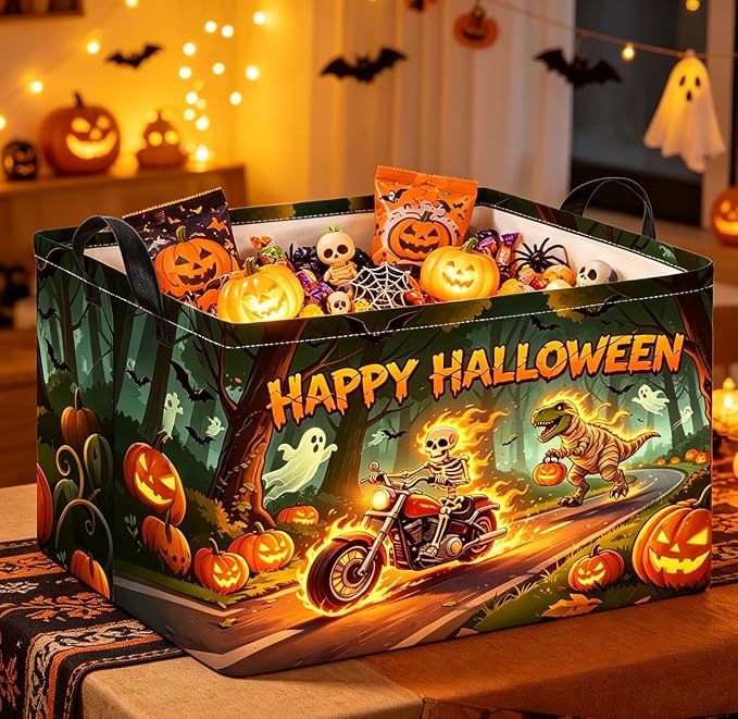 Rectangle Storage Basket with Handles,Collapsible Storage Bin,Gift Basket(Fire Halloween)