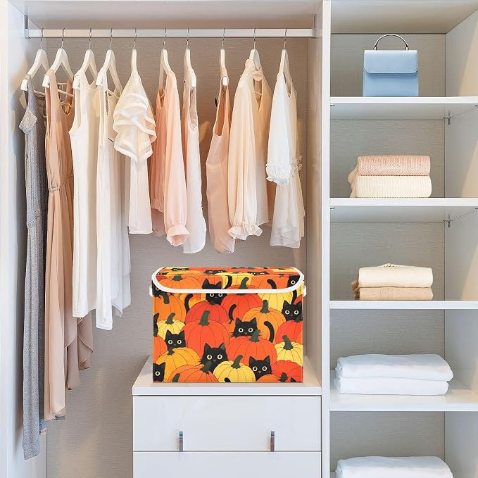 Pumpkin Cat Fabric Storage Bins with Lid Foldable Storage Boxes 40L Baskets | Foldable & Stackable, Flip Top Dust Guard, Reinforced Handles, Home & Bedroom, Clothes & Toys, Oxford Print Basket