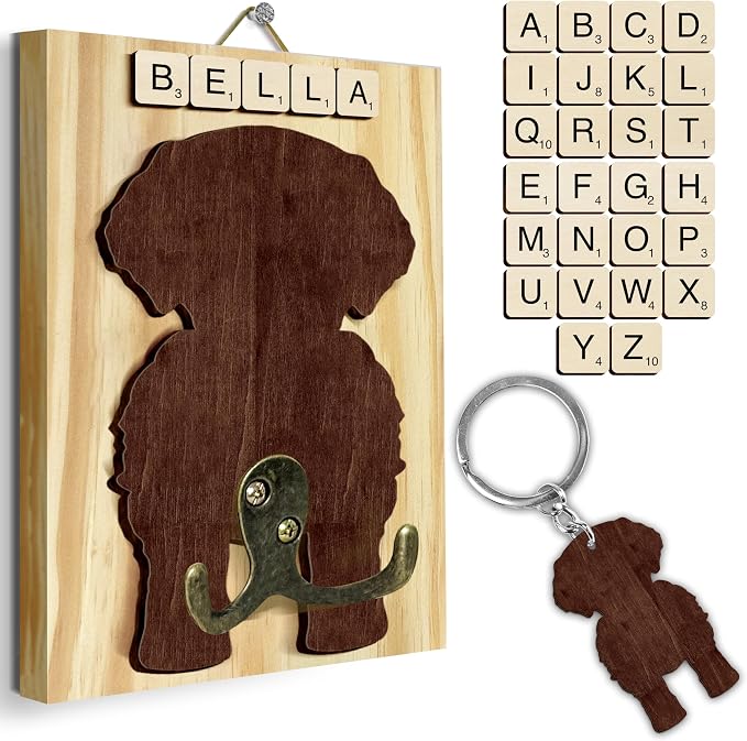 Golden Doodle Dog Leash Holder Wall Mount with Scrabble Letters, Wooden Dog Wall Hook Organizer, Pet Collar and Harness Hanger for Entryway, Key Hook Gift for Pet Lovers, Home Decoration PF297-39