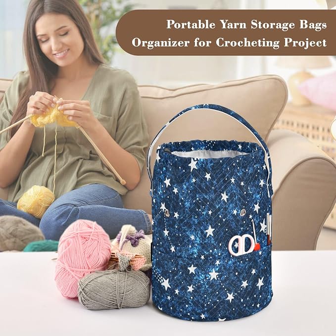 Tatenale Crochet Bag Yarn Bag Knitting Project Bag with Pockets and Handle Portable Yarn Storage Organizer Tangle Free 8.3x11 InchDark Blue Star33