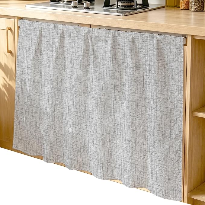 Cabinet Curtains 35x35inch Sink Skirt, Modern Minimalist Gray Desk Skirt for Kitchen Bathroom Shelves, Country Linen Style Privacy Cabinet Curtain Self Stick Adhesive Under Sink Skirts