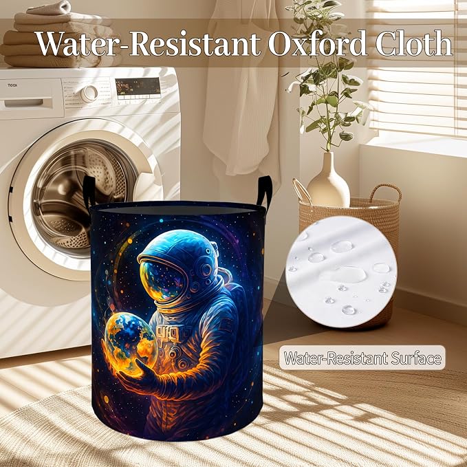Astronaut Earth Laundry Basket, Galaxy Planet Art Foldable Oxford Cloth, Waterproof Dirty Clothes Hamper with Handles, Clothing Storage Bin Toy Organizer for Bedroom Dorm Bathroom, 19.7"x15.7"
