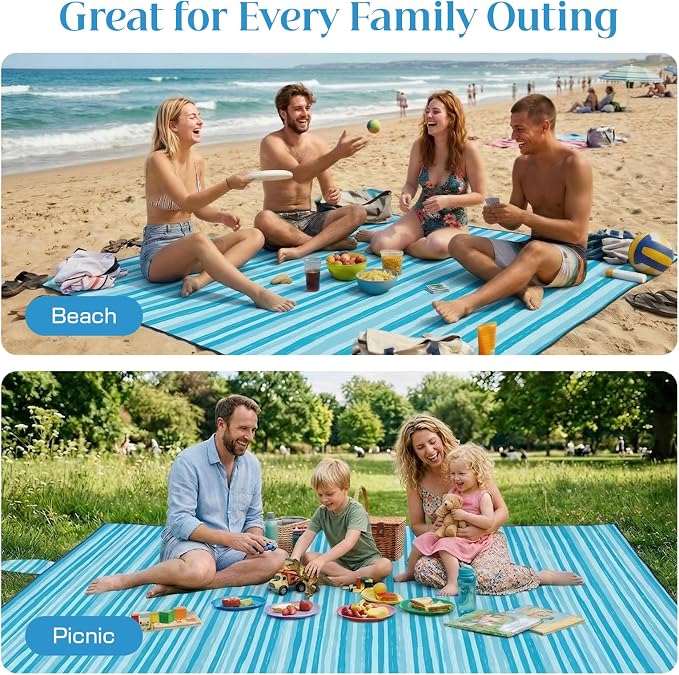 OIGAE Beach Blanket Waterproof Sandproof Oversized Beach Mat | Picnic Mat with Stakes, Storage Bag - Essentials for Outdoor Beach, Picnic,Quick-Dry Lightweight,Windproof Pockets