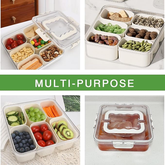 Small Snackle Box Snack Containers with Lids, 2 Pcs Divided Serving Tray | Portable Snack Platter Fruit Veggie Tray Snackele Box Container for Charcuterie, Party, Snack, Nuts, Beach, Travel, Picnic