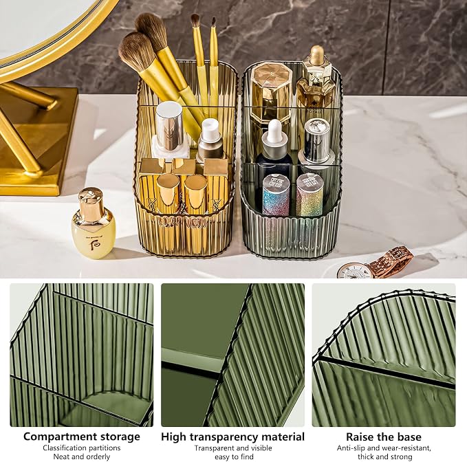 DASITON Large Capacity Makeup Brush Holder,3 Slot Makeup Brush Cup,Vintage striped Make Up Brush Holder,for Vanity Decor,Bathroom Countertops,Desk Storage Container,Cosmetic Display cases(Green-S)