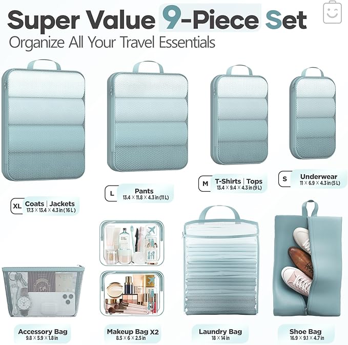 Veken 9/11 Set Compression Packing Cubes Garment Bags for Travel Essentials,Compressible Expandable Luggage Organizer Bags for Clothing,Space Saver Bags with Over 1000 pcs of Mesh Holes(Blue Gray)