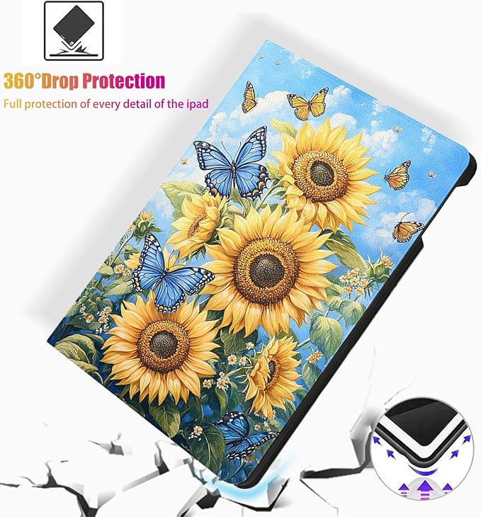 for Microsoft Surface Pro 7 Plus,Surface Pro 7/6/5/4 12.3" Tablet Case,Auto Wake/Sleep,Adjustable Stand Protective Cover - Sunflower Butterfly
