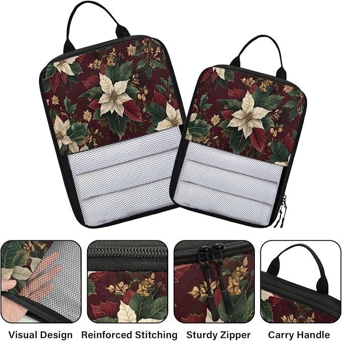 Christmas Poinsettia 6 Set Compression Packing Cubes Red Winter Xmas Expandable Packing Organizer for Travel Accessories Luggage Suitcase Bag